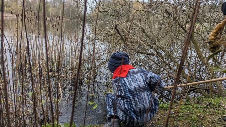 En spejder der fisker med net